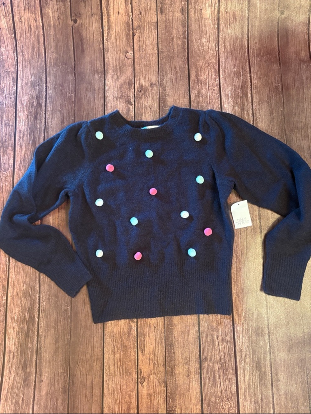 NWT Daily Thread Black Crewneck Sweater with Pink & Light Blue Pom Detail